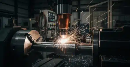 Deva Kaplama Tuzla tesisinde büyük çaplı hidrolik silindir miline Inconel lazer kaplama işlemi uygulanırken çekilmiş fotoğraf