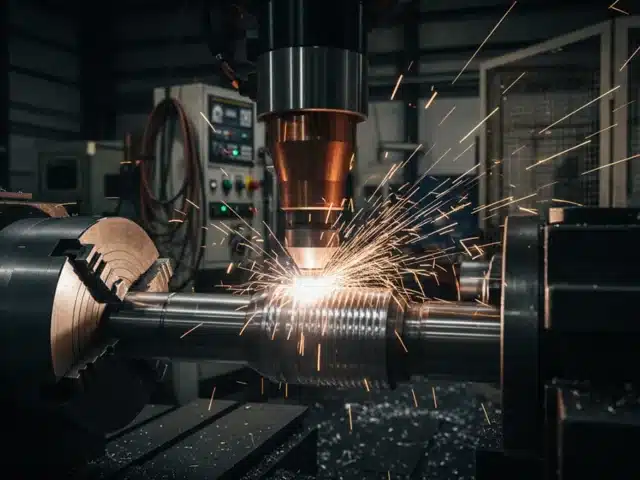 Deva Kaplama Tuzla tesisinde büyük çaplı hidrolik silindir miline Inconel lazer kaplama işlemi uygulanırken çekilmiş fotoğraf