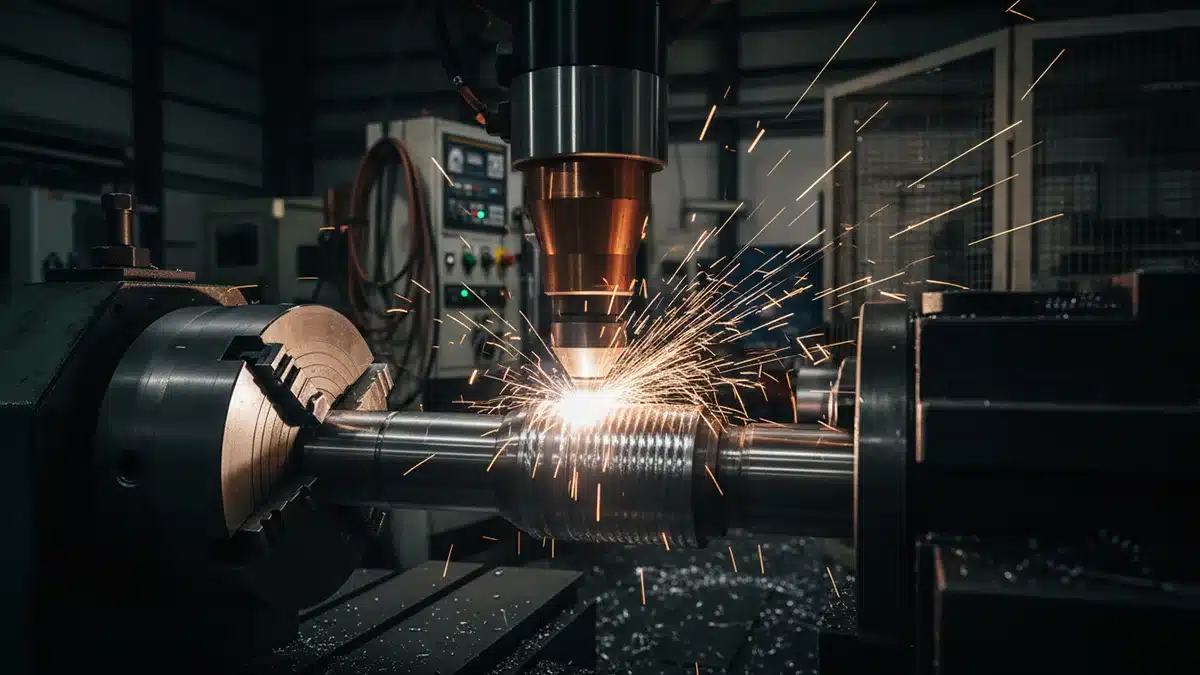 Deva Kaplama Tuzla tesisinde büyük çaplı hidrolik silindir miline Inconel lazer kaplama işlemi uygulanırken çekilmiş fotoğraf